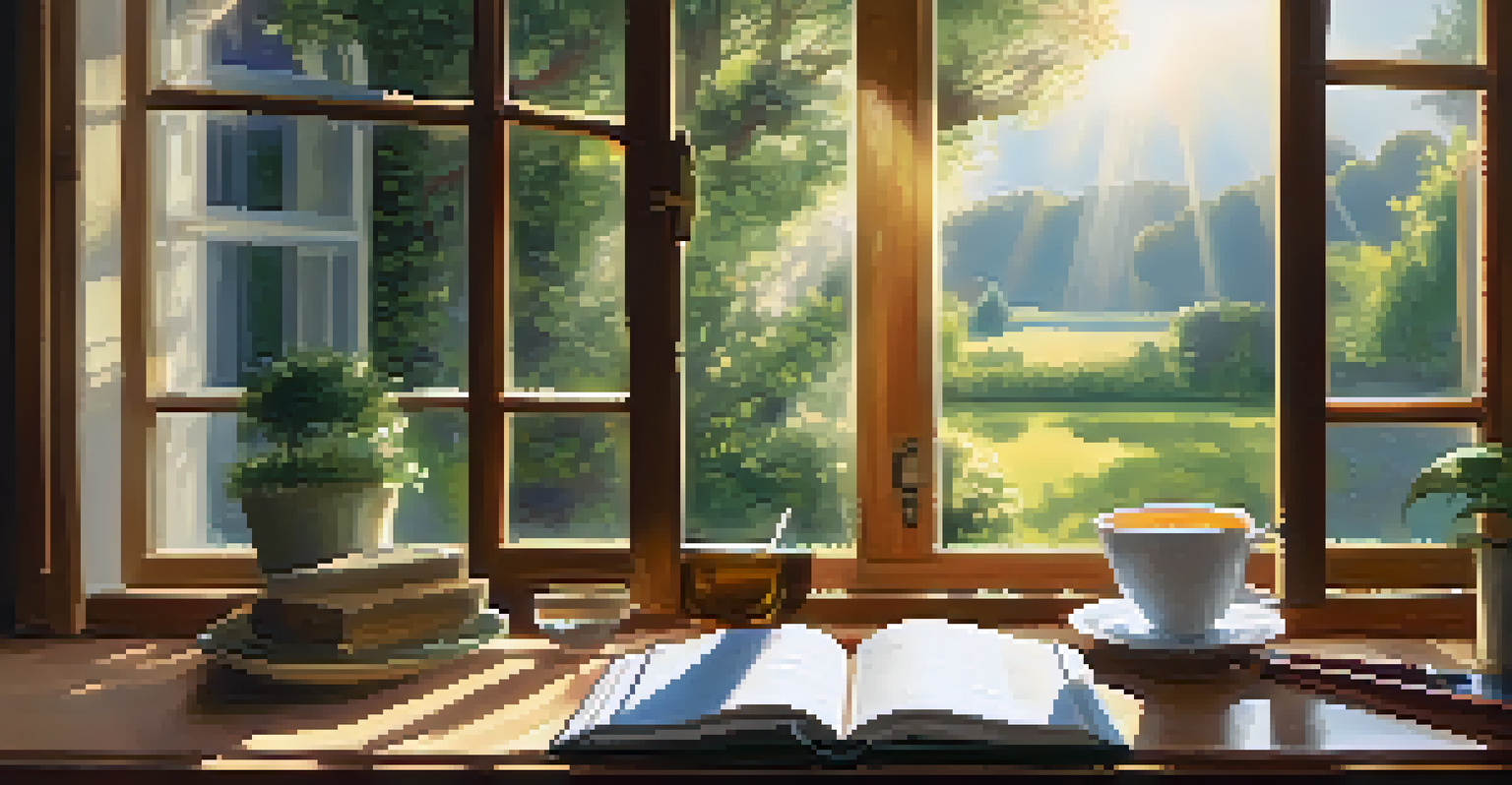 A sunlit window with an open journal and a cup of tea beside it, overlooking a garden, representing reflection and personal growth.