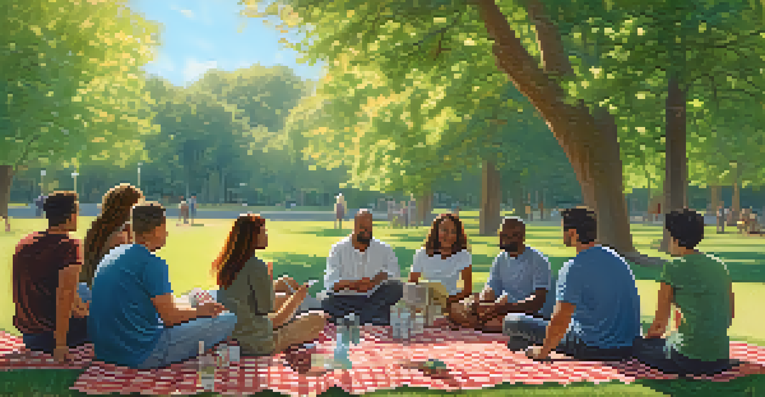 A diverse group of adults sitting in a circle in a park, sharing their experiences in a support group setting.