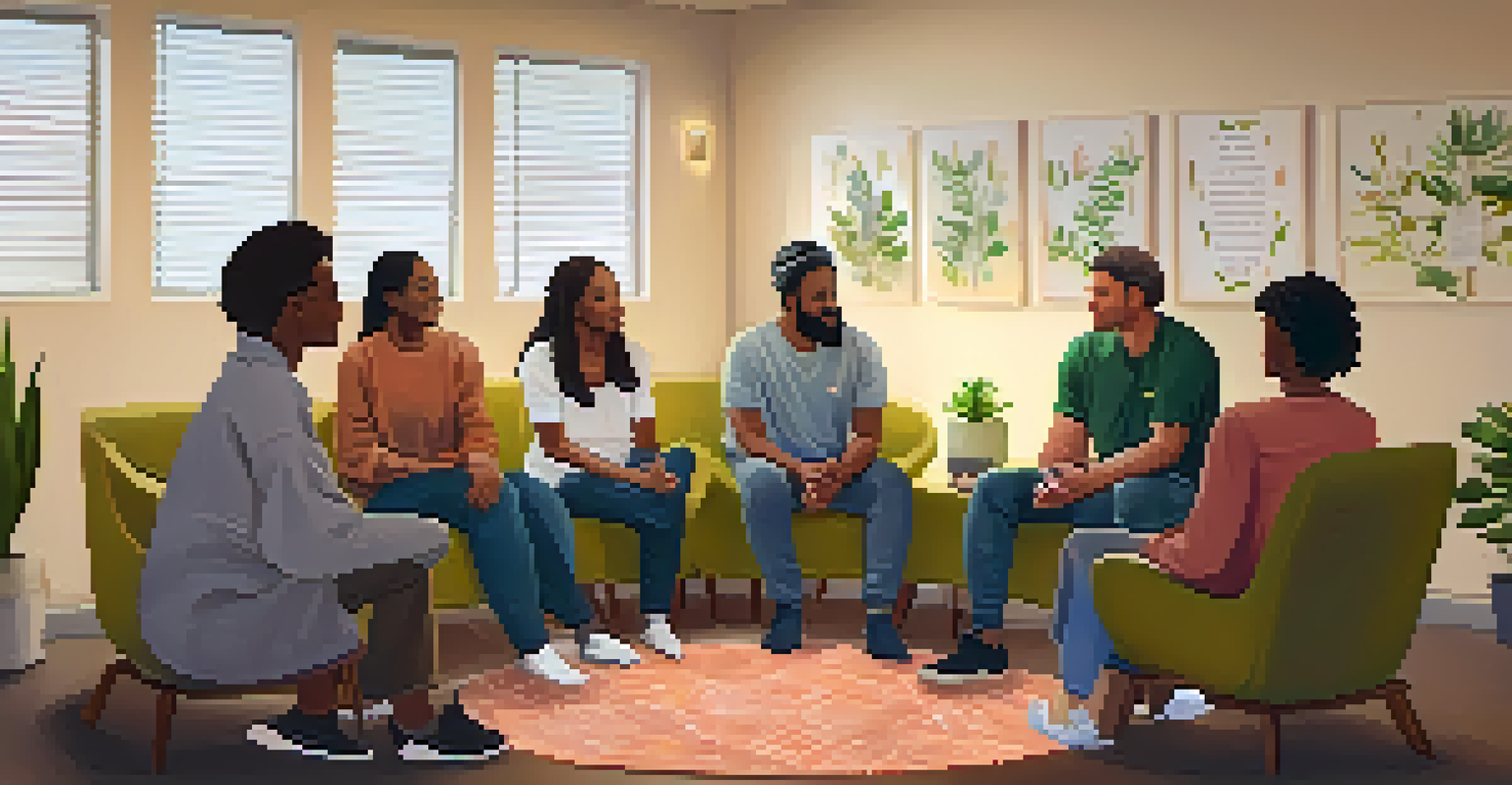 A warm and inviting support group meeting where individuals share their recovery experiences in a cozy room with uplifting decor.