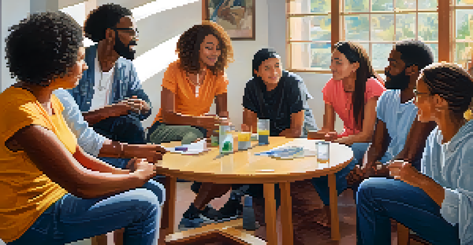 A diverse group of people in a supportive circle discussing and encouraging each other, symbolizing community.