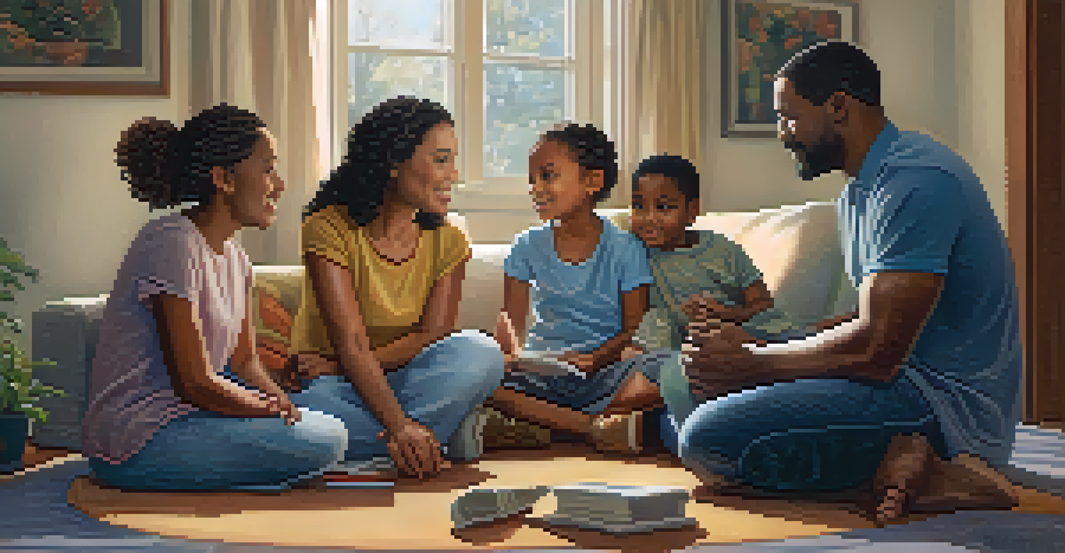 A diverse family in a circle, expressing emotions during a supportive discussion.