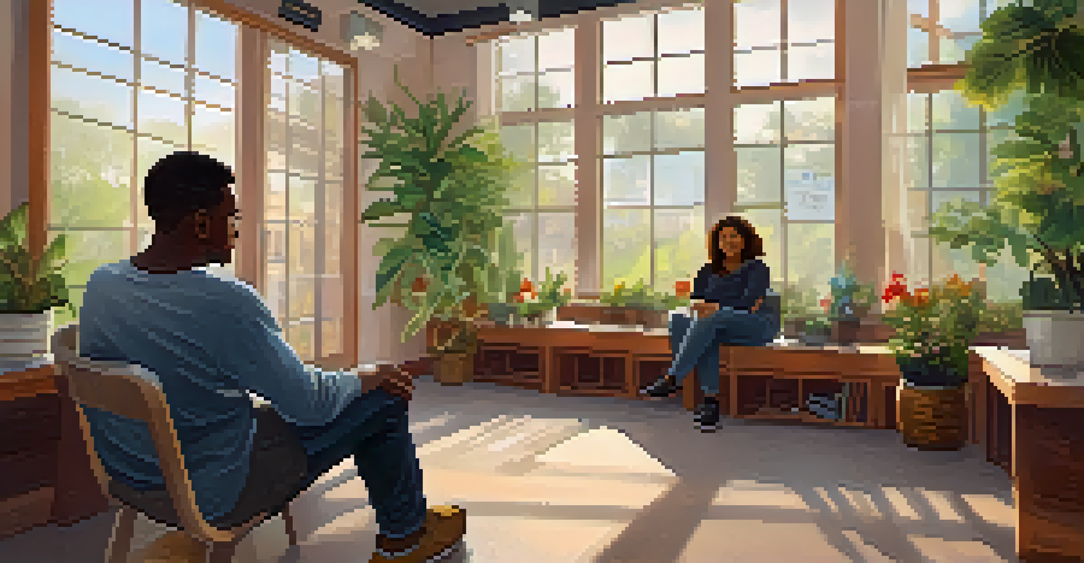 A young adult in recovery sitting with a mentor in a cozy community center, sharing advice and encouragement, surrounded by motivational quotes and plants.