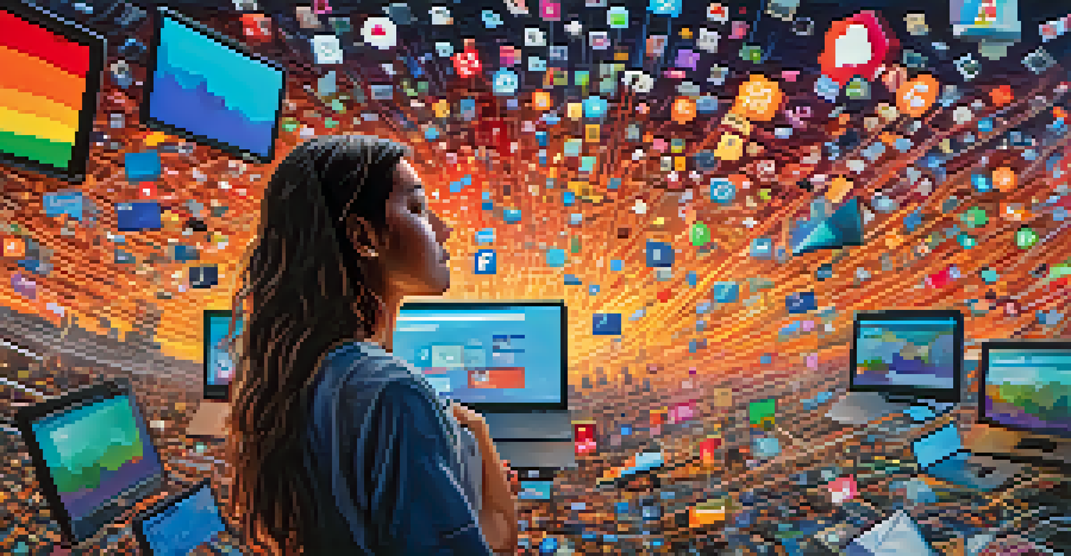 A person surrounded by colorful floating icons of social media and messages, set against a blurred cityscape background, representing the chaos of internet addiction.