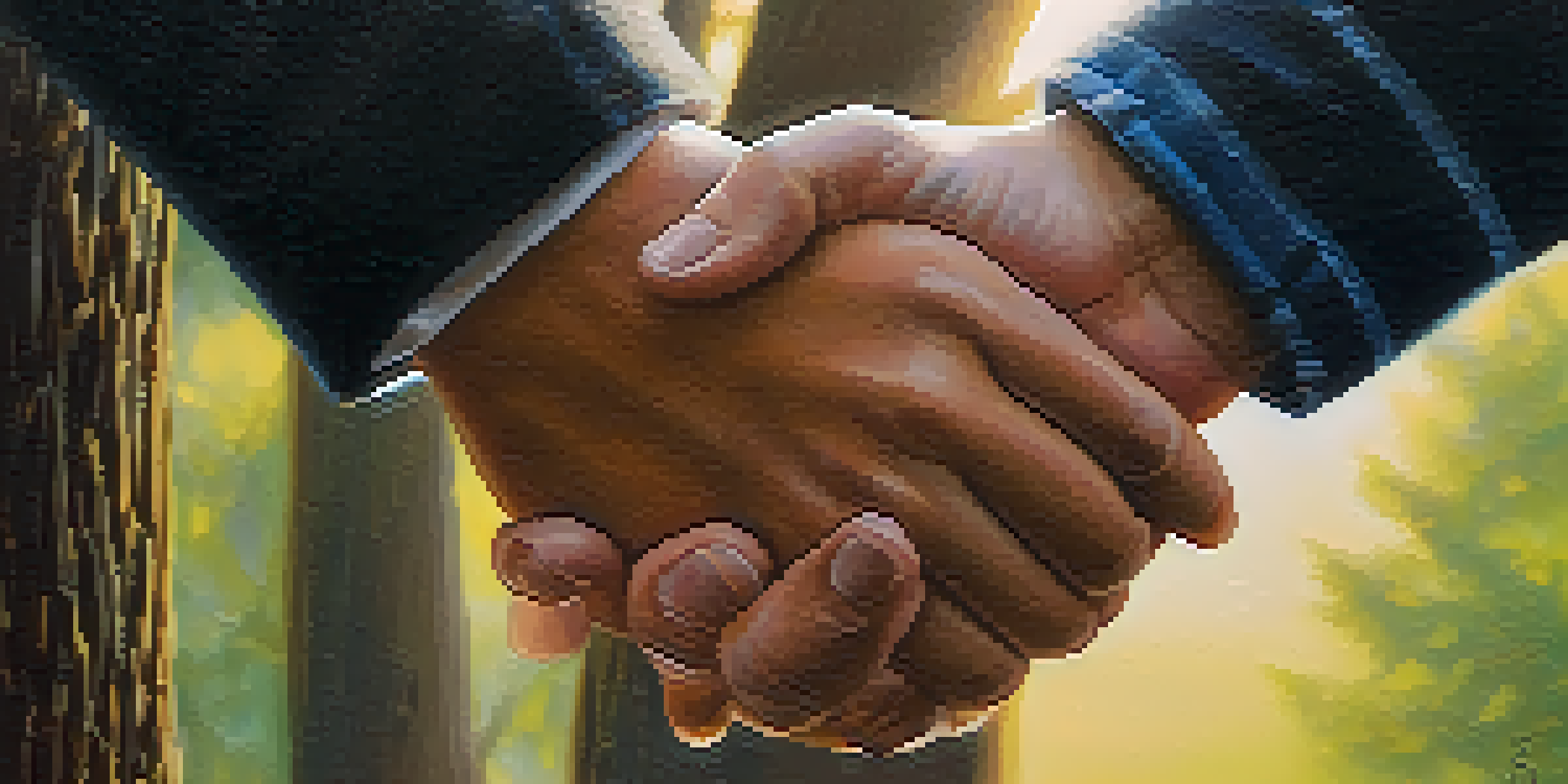 Two hands holding each other in a supportive gesture, with a warm, sunlight-filtered background.