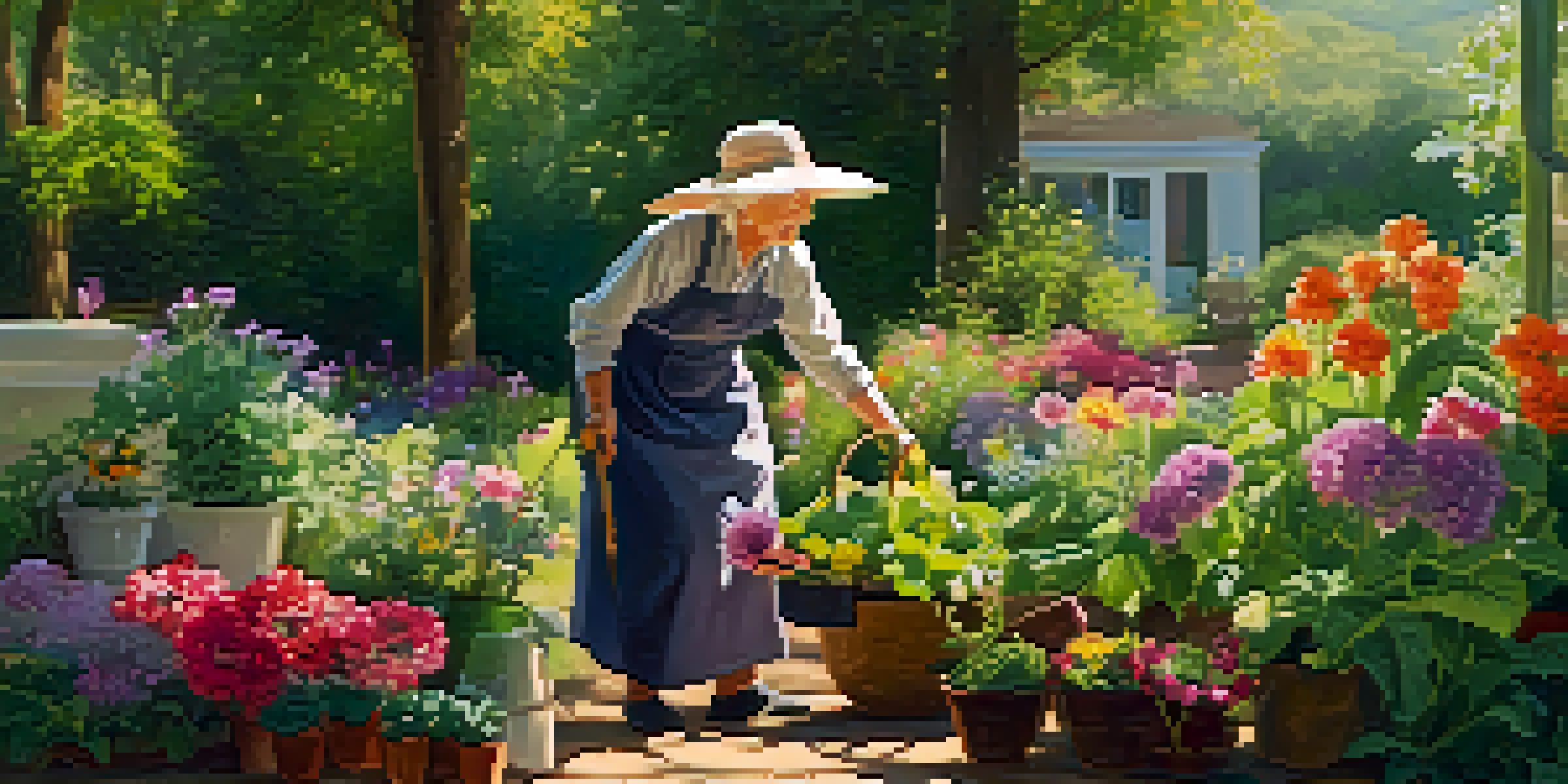 An elderly woman happily gardening in a sunny environment, surrounded by colorful flowers and green plants.