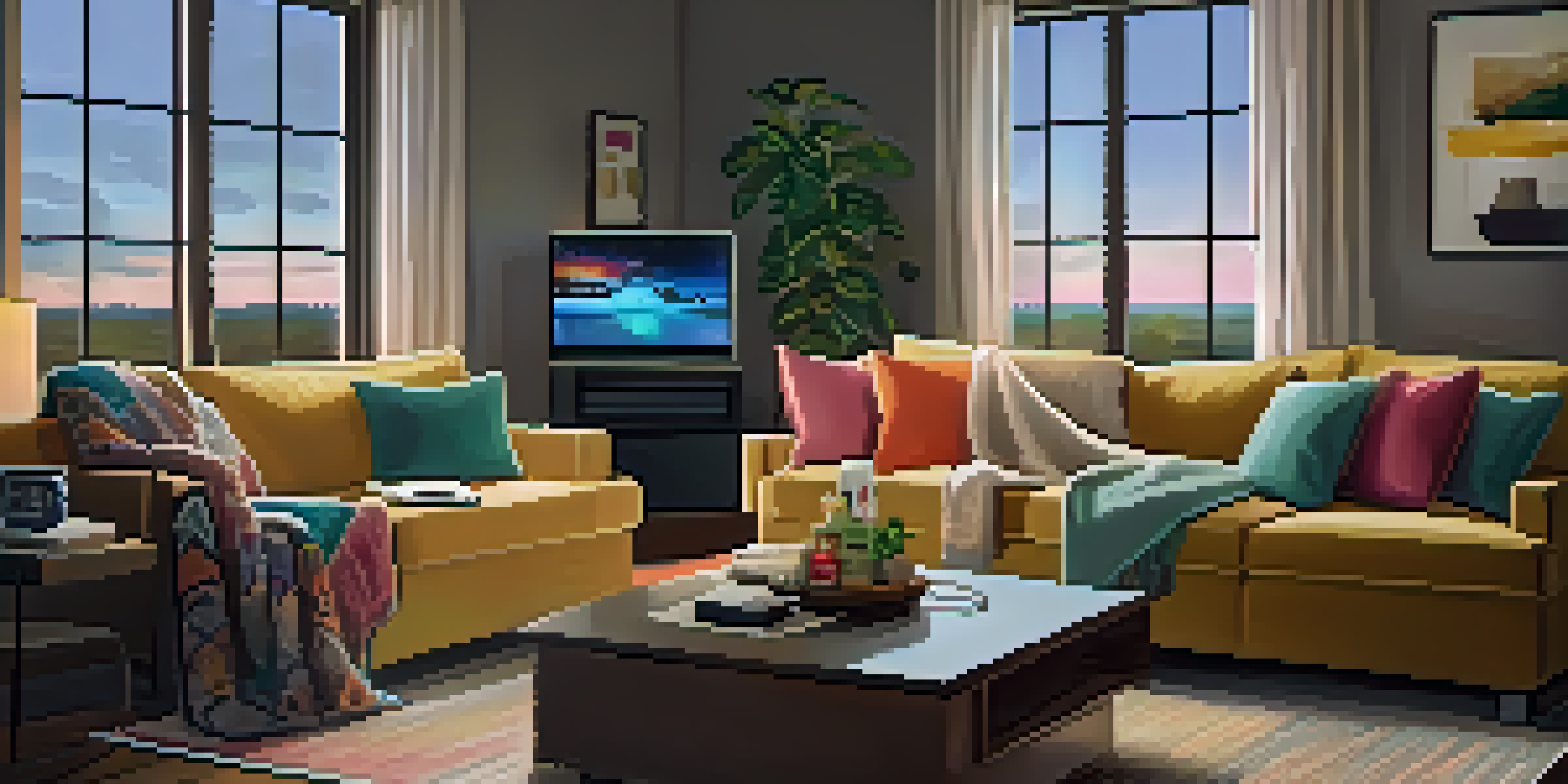 A cozy living room with a couch, snacks on a coffee table, and a TV displaying a streaming service interface, illuminated by warm lighting.