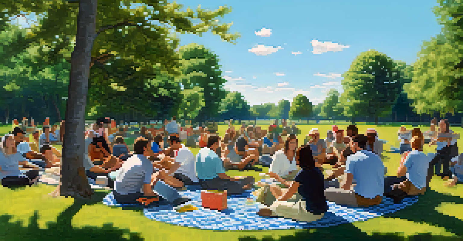 An outdoor peer support meet-up in a park, with individuals sitting in a circle, discussing harm reduction strategies in a relaxed setting.