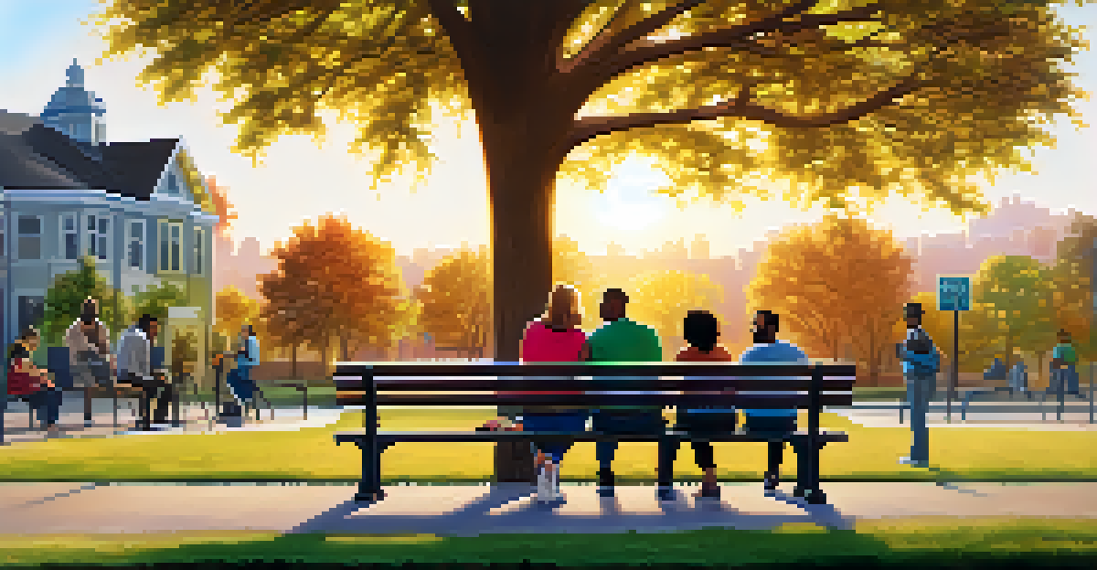 A diverse group of people sitting in a community park at sunset, engaged in conversation and laughter, symbolizing community support.