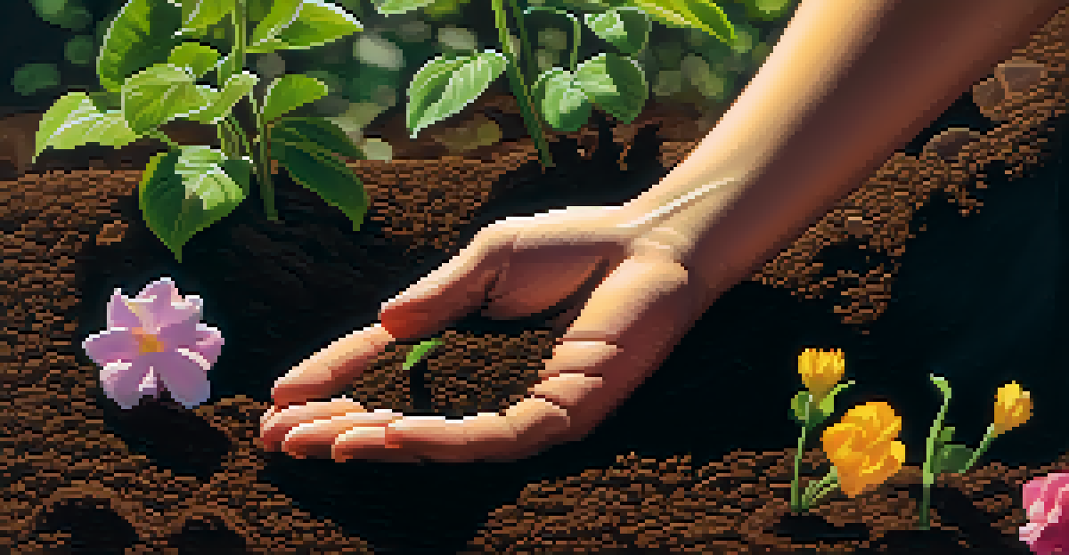 A close-up of hands planting a sapling in soil, symbolizing growth amidst a vibrant garden.