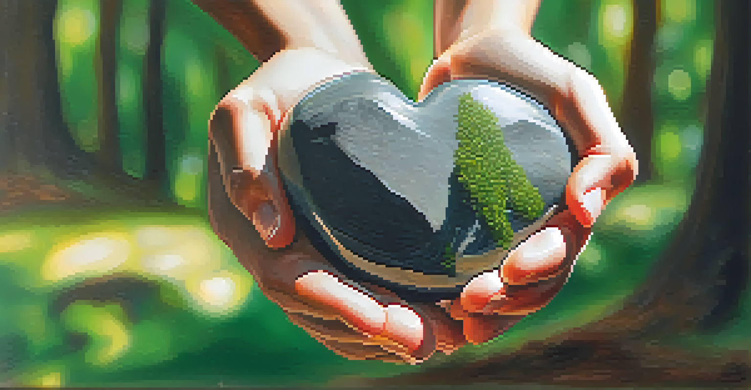 Hands holding a heart-shaped rock against a blurred outdoor scene of trees and sunlight.