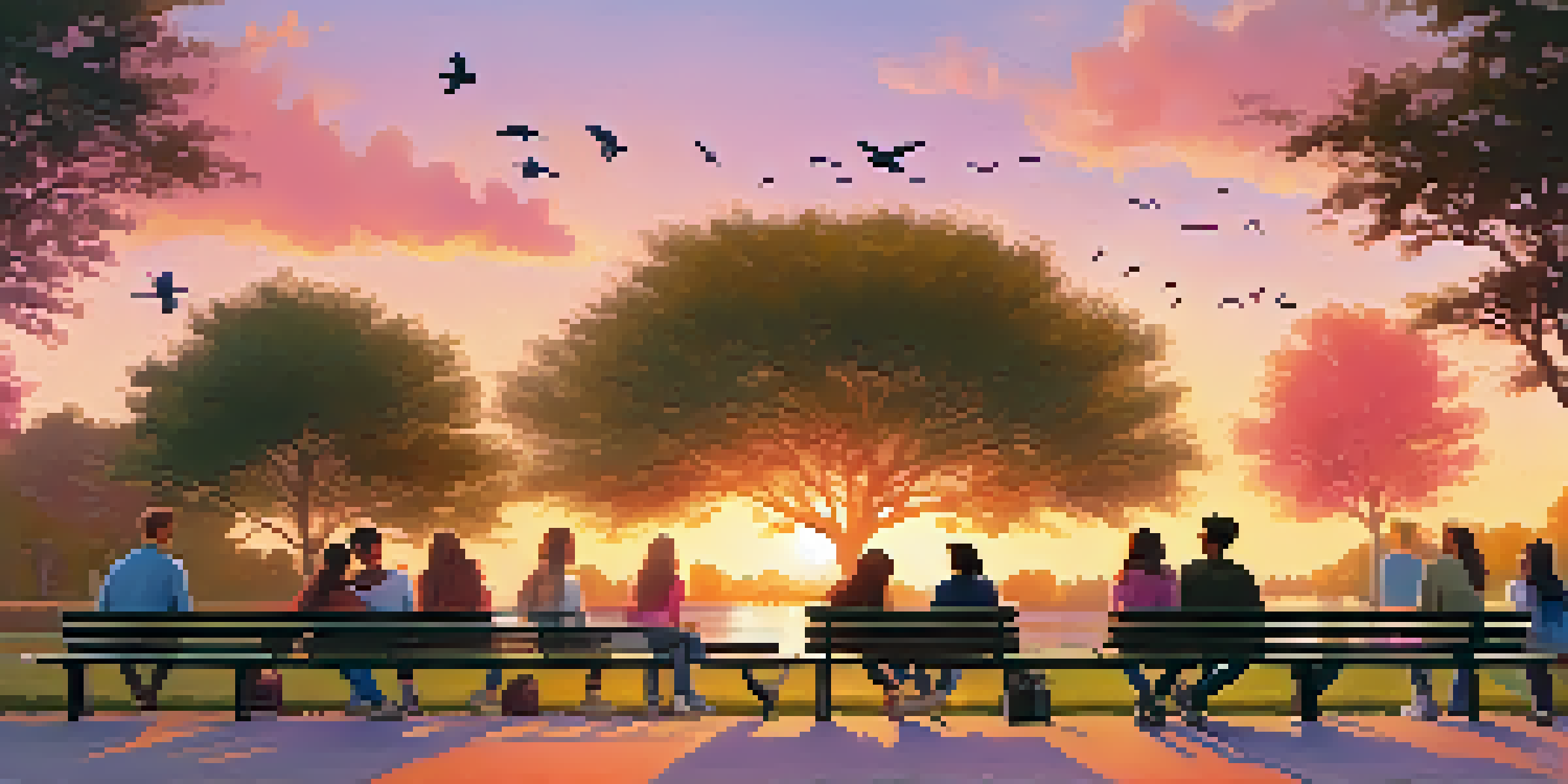 A group of diverse teenagers sitting on a bench in a park during sunset, engaged in conversation, with warm colors in the sky.