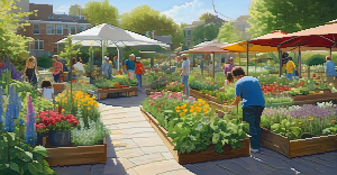 A vibrant community garden with people of different ages tending to plants, surrounded by colorful flowers under soft sunlight.
