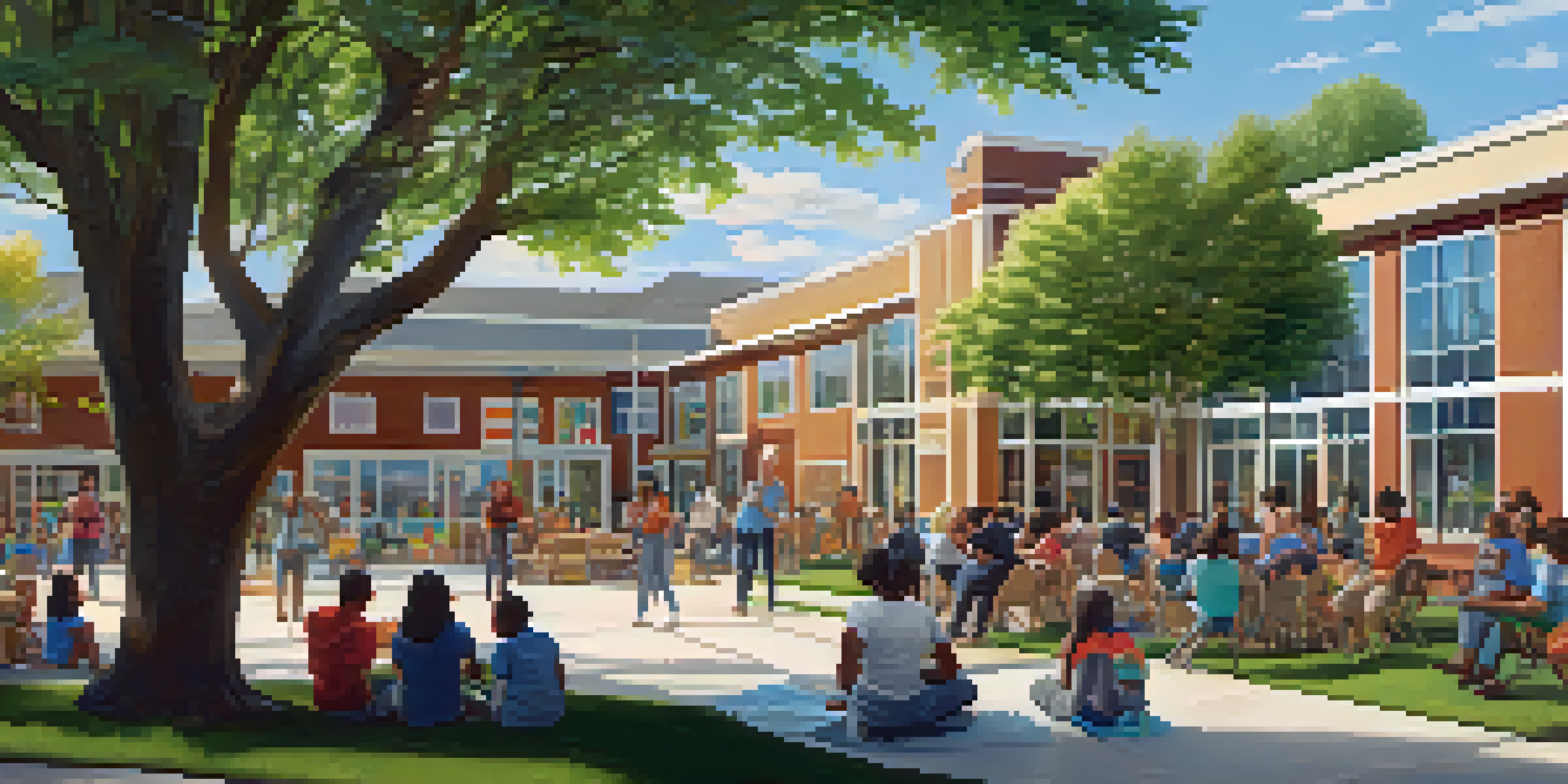 A community center with people of different backgrounds engaging in activities, surrounded by greenery and sunlight.