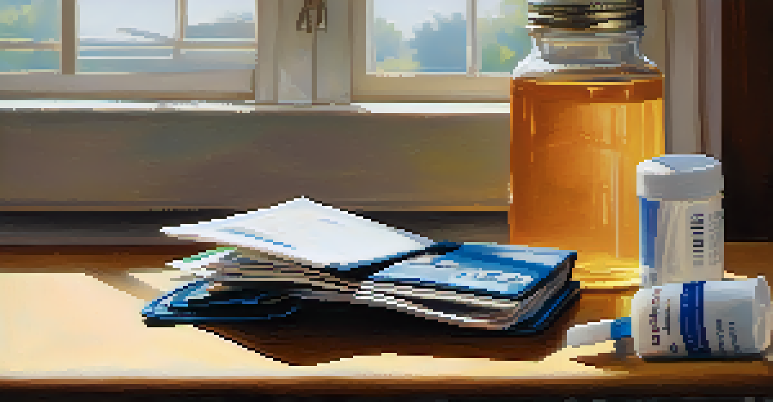 An open empty wallet on a table, surrounded by prescription bottles and a calendar with therapy appointments, representing the financial challenges of recovery.