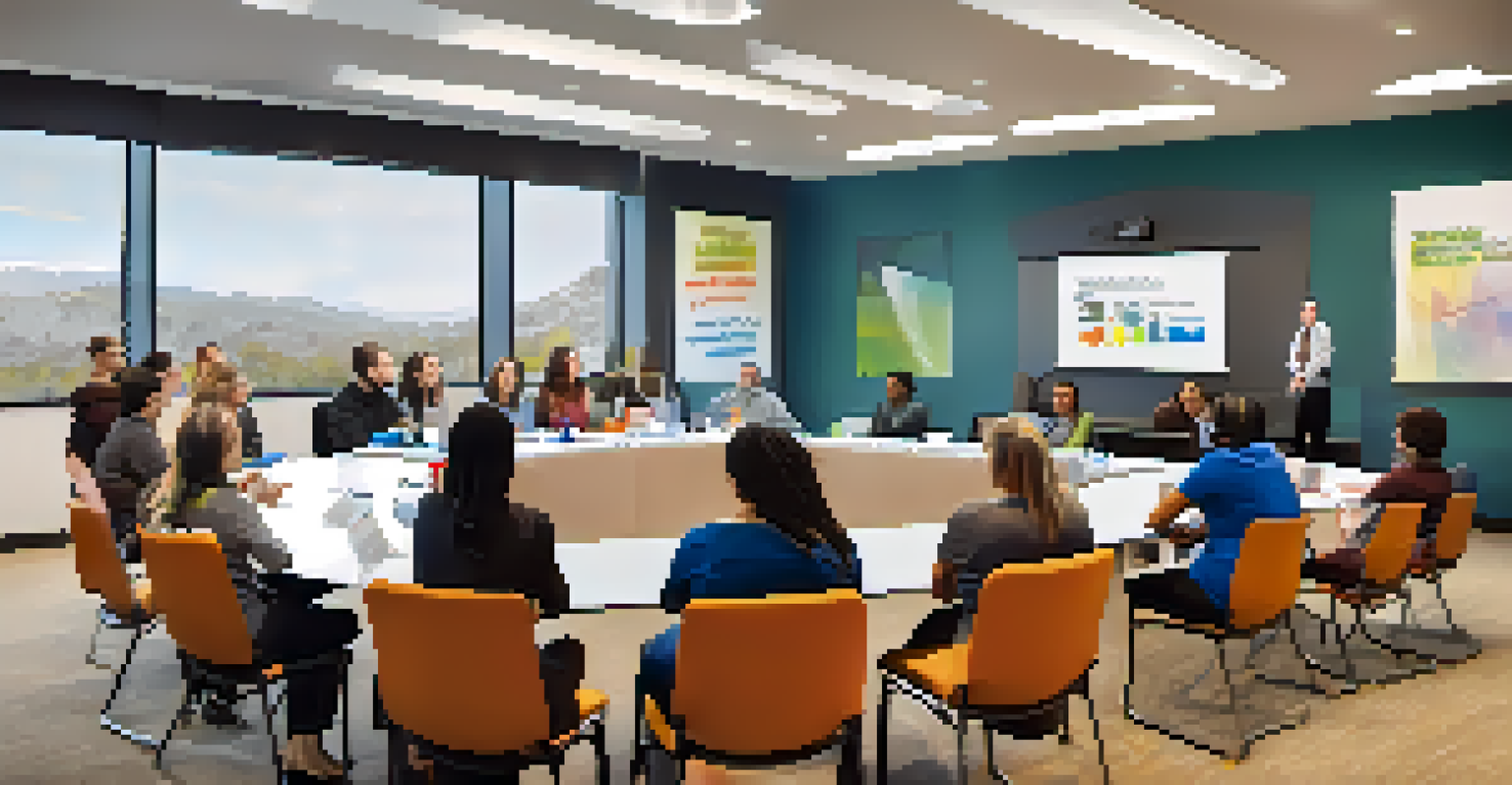 A workshop in a modern conference room where a facilitator is speaking to a diverse group of employees, with educational materials about addiction support displayed on a projector.
