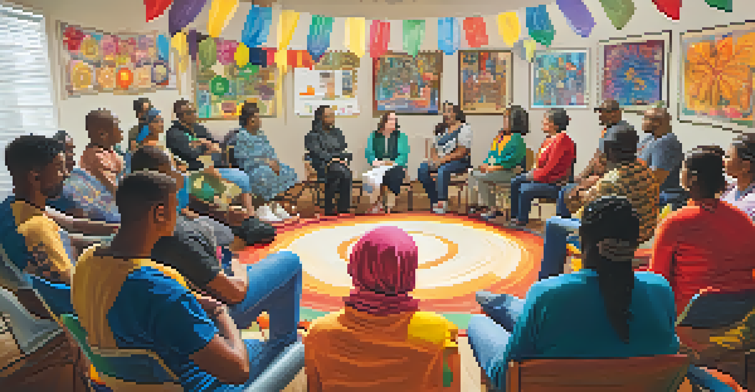 A diverse group of people in a circle during a community support meeting, sharing experiences in a culturally decorated room.