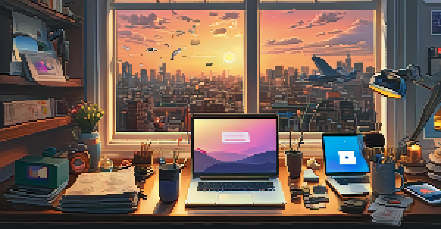 A cluttered desk with social media icons and a person’s hands reaching out to them, with a sunset in the background.