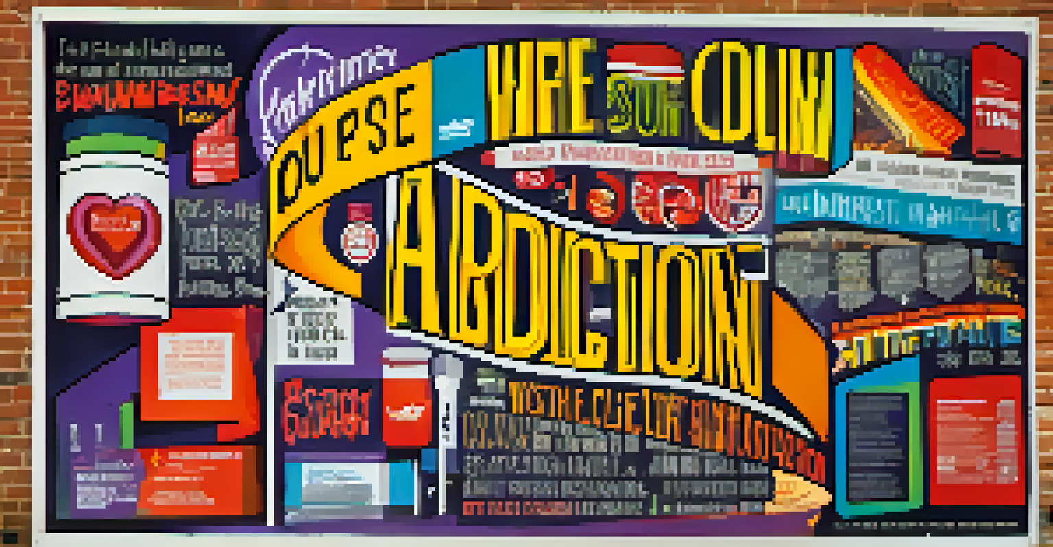 A public awareness campaign poster about addiction, featuring positive messaging and vibrant graphics promoting compassion and support.