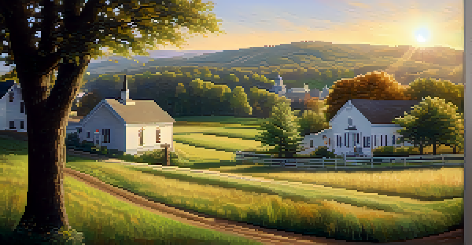 A peaceful rural landscape with a community center offering addiction support services, surrounded by hills and sunny skies.