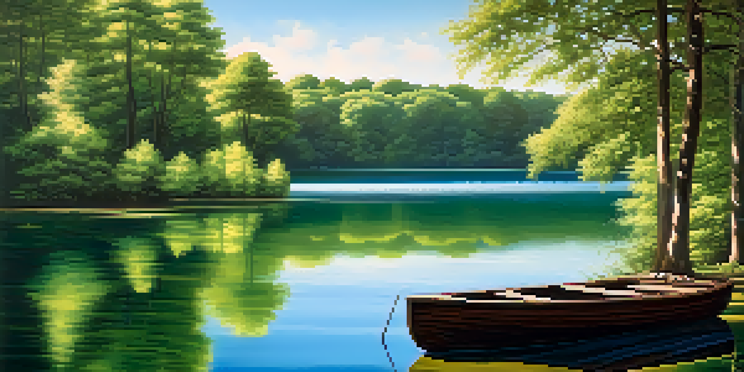 A calm lake surrounded by green trees with sunlight filtering through the leaves and a wooden boat floating on the water.