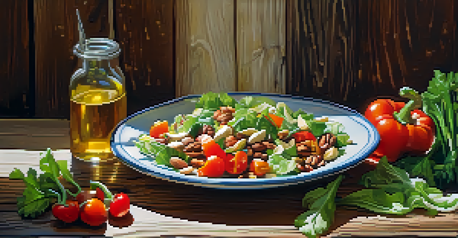A colorful salad made with fresh vegetables, nuts, and seeds on a rustic wooden table.