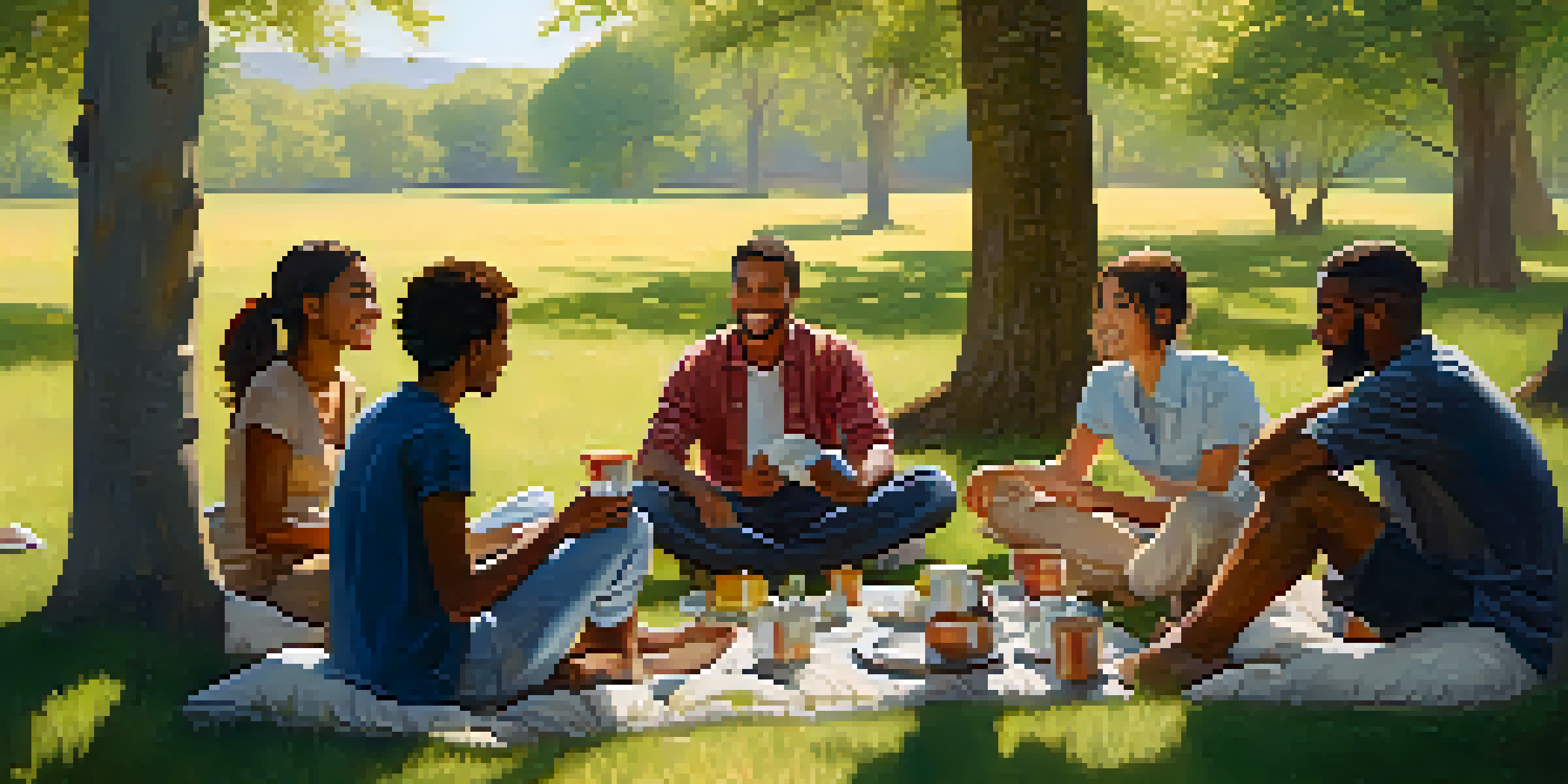 A diverse group of individuals sitting in a circle on a grassy field, having a supportive conversation with cups of tea in hand, under warm sunlight.