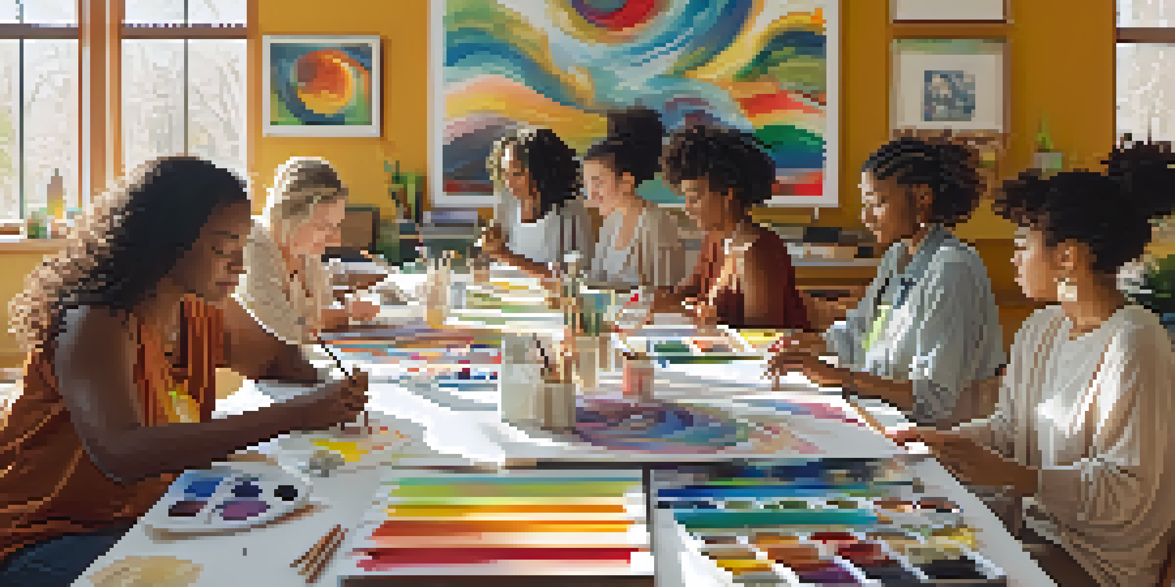 A group of individuals participating in an art therapy session, painting on canvases in a bright, welcoming room filled with art supplies and natural light.