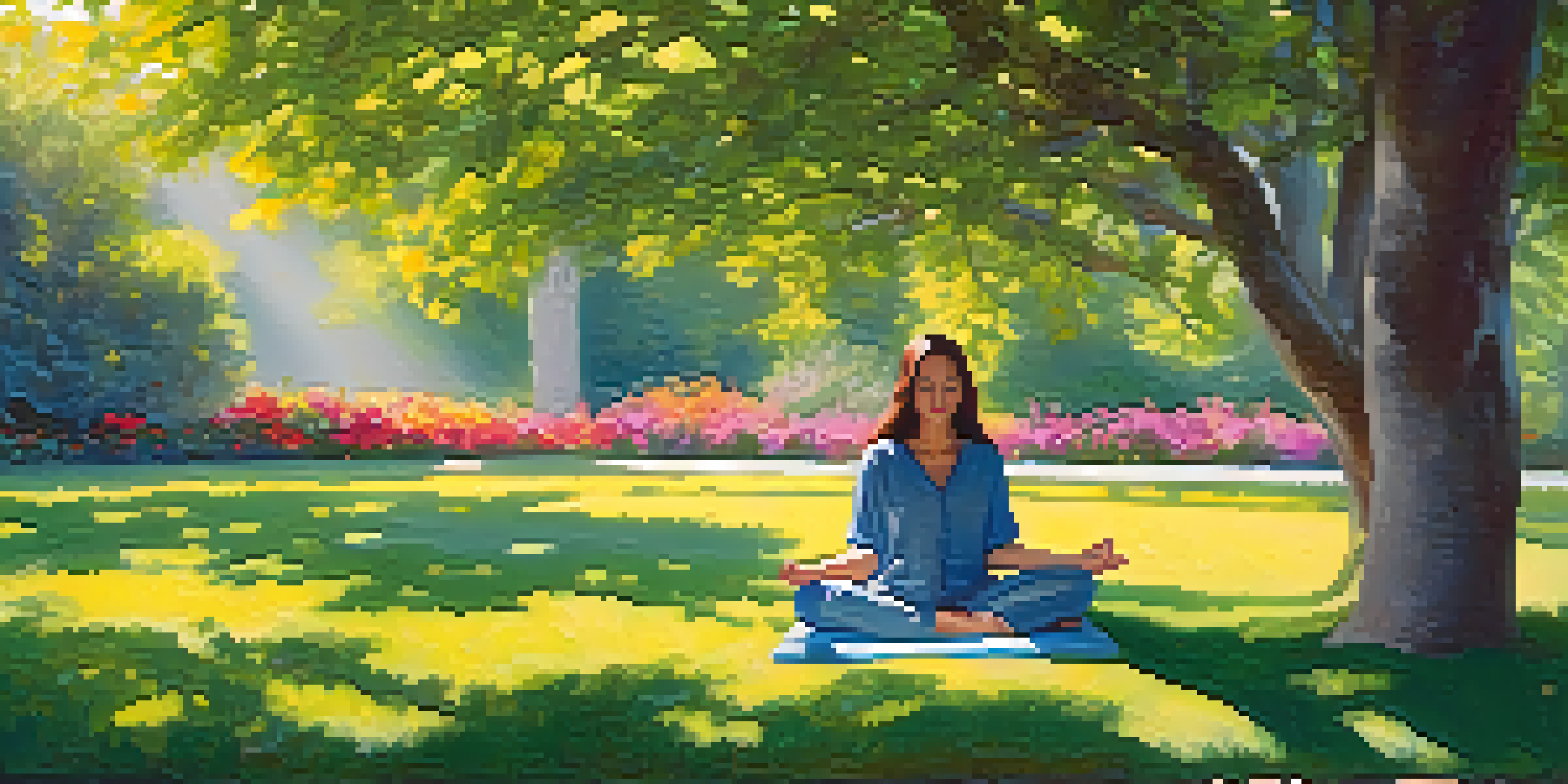 A person meditating in a tranquil garden filled with flowers and greenery, with sunlight filtering through the trees.