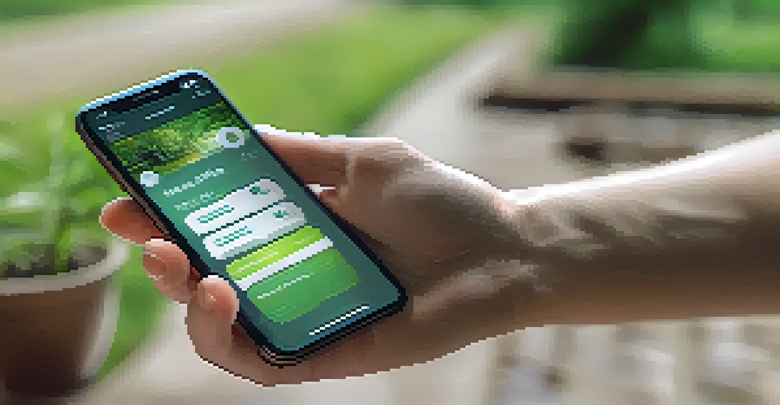 A close-up of a smartphone displaying a health app for addiction recovery, with a serene outdoor setting in the background.