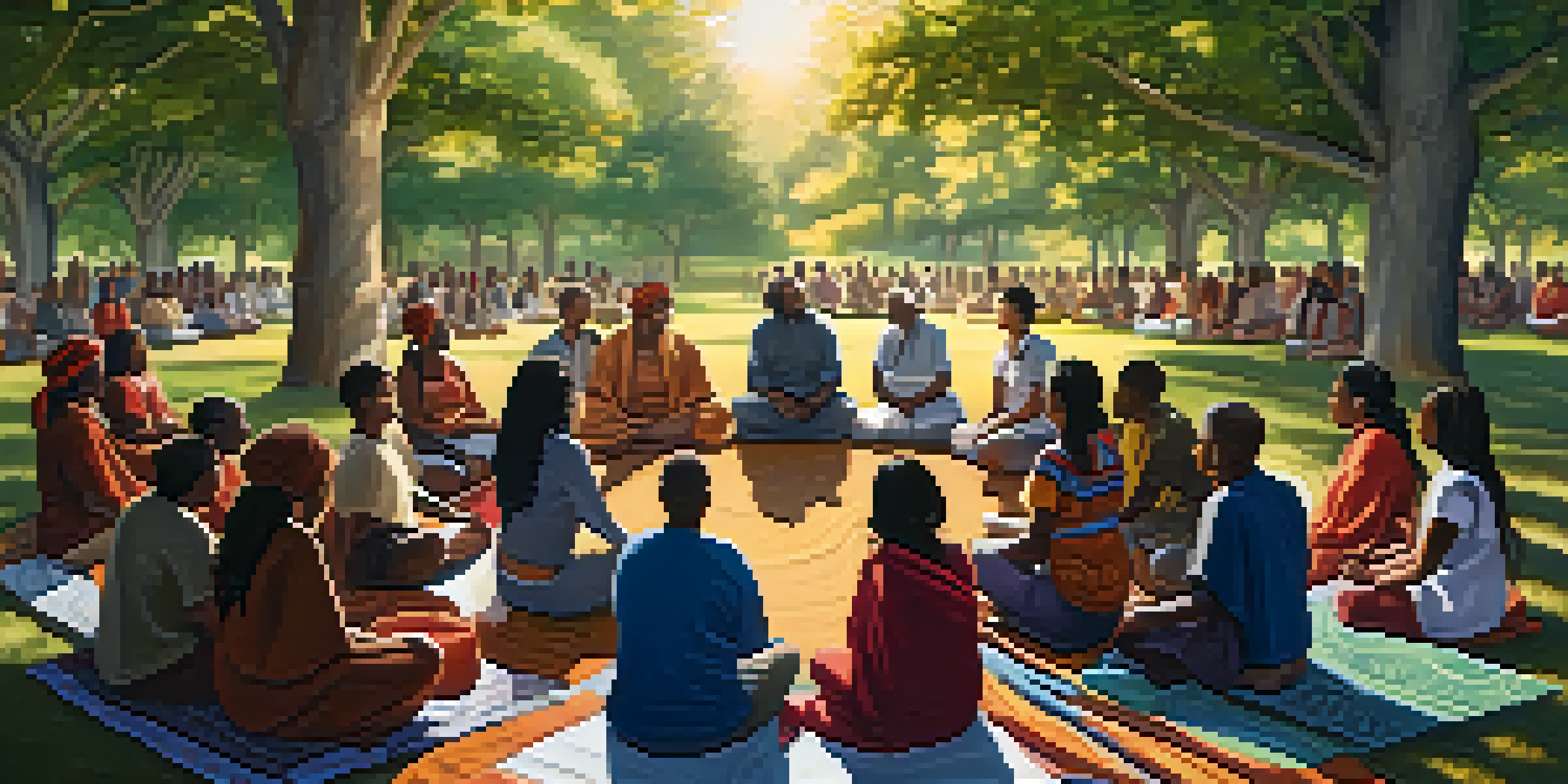 A diverse group of individuals sitting in a circle in a park, engaged in traditional healing practices and meditation, with sunlight filtering through trees.