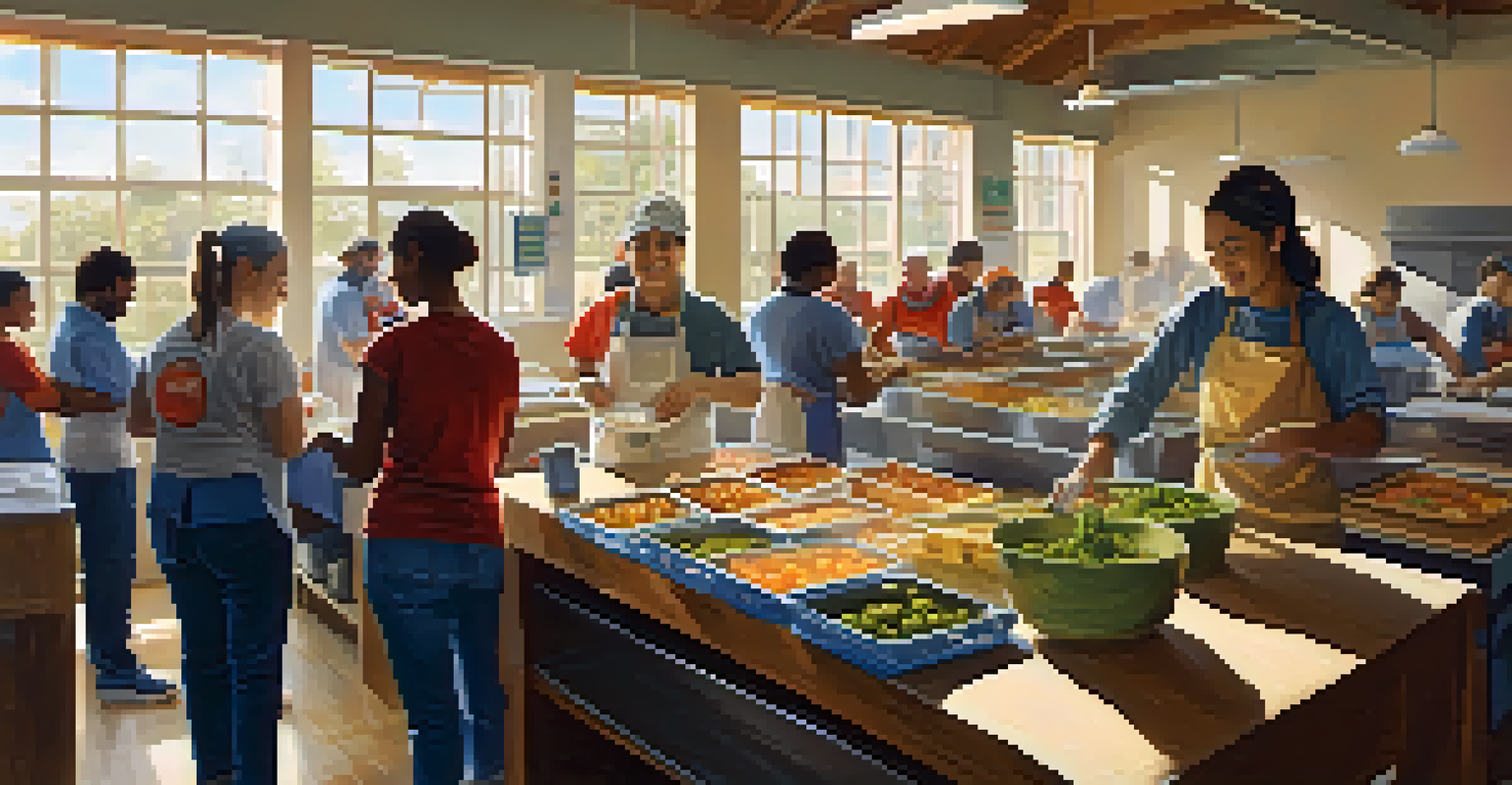 Volunteers at a local shelter working together to prepare meals and organize supplies, showcasing a sense of community and teamwork in a bright and welcoming environment.