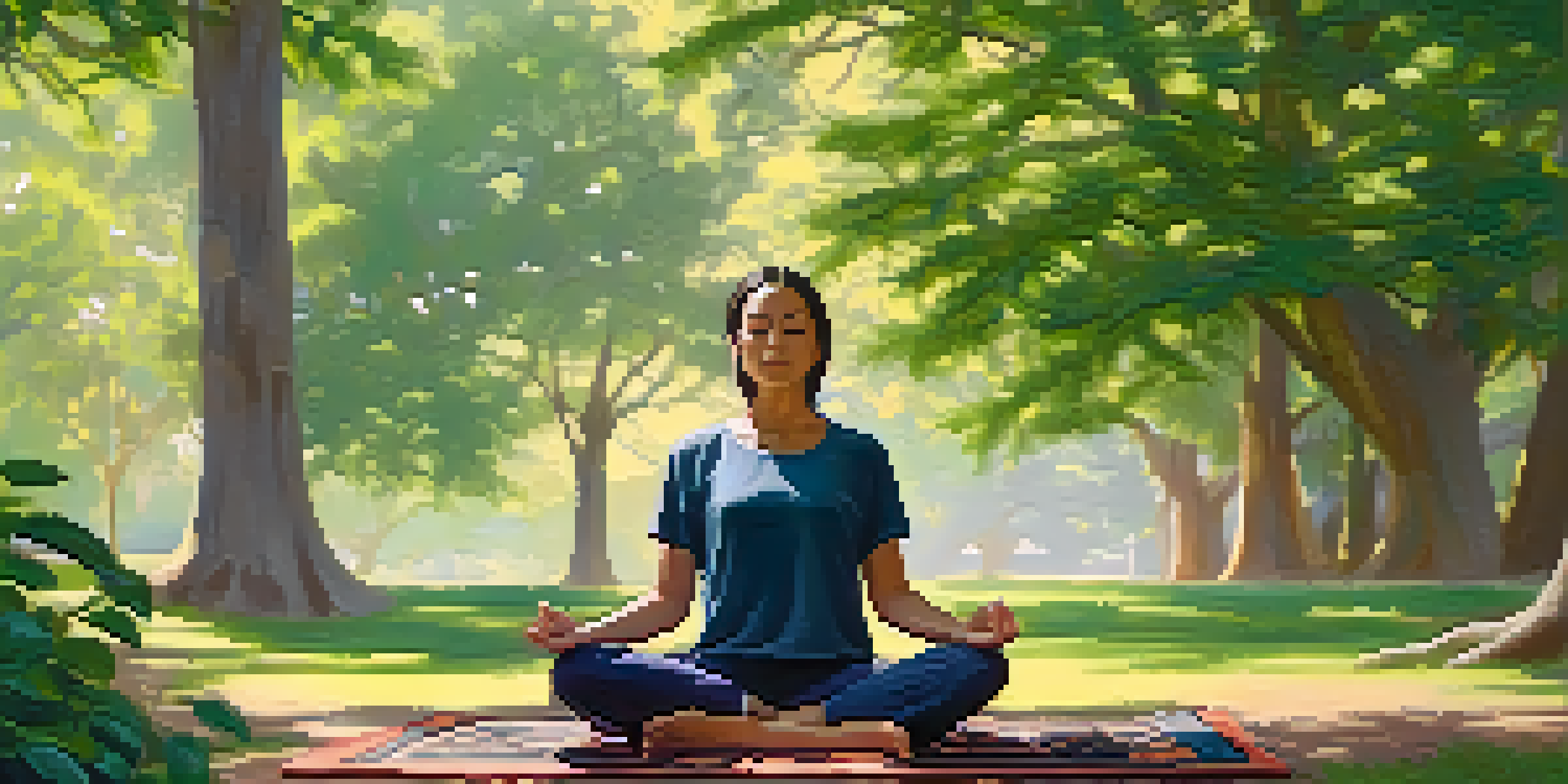 A person meditating in a peaceful park, surrounded by green trees and soft sunlight.