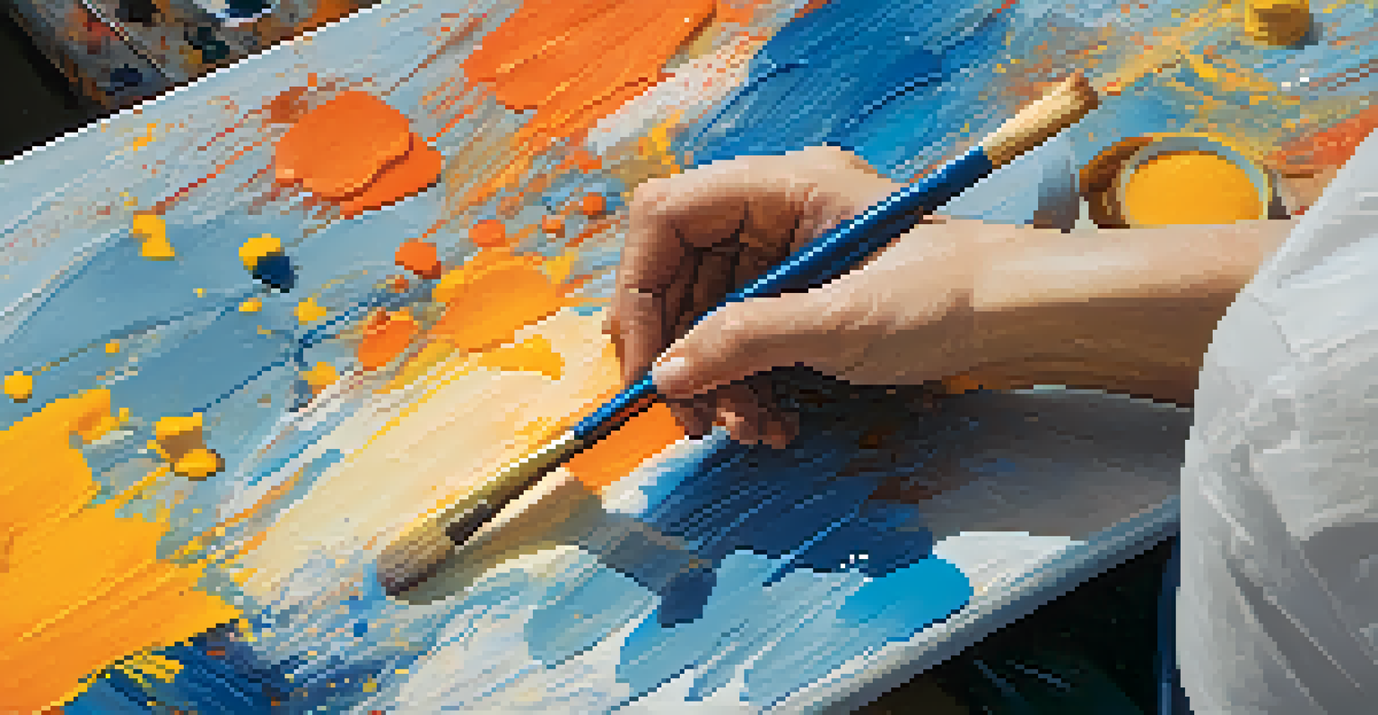 A close-up view of a colorful abstract painting in progress, showcasing various textures and vibrant colors.