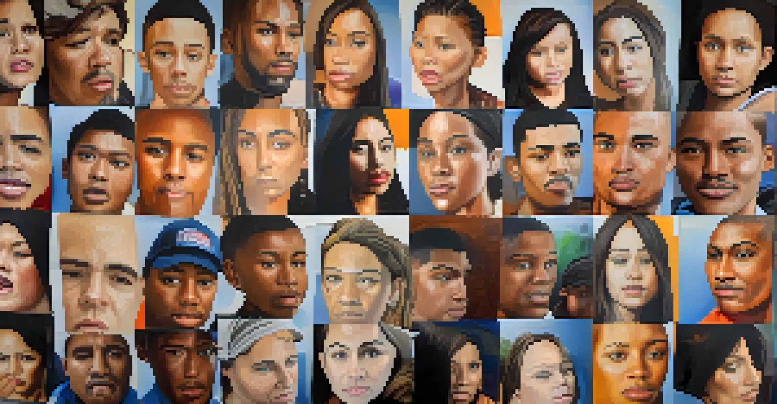 A collage of diverse faces in a gallery, each representing a unique story of addiction and recovery, with emotional expressions and captions.