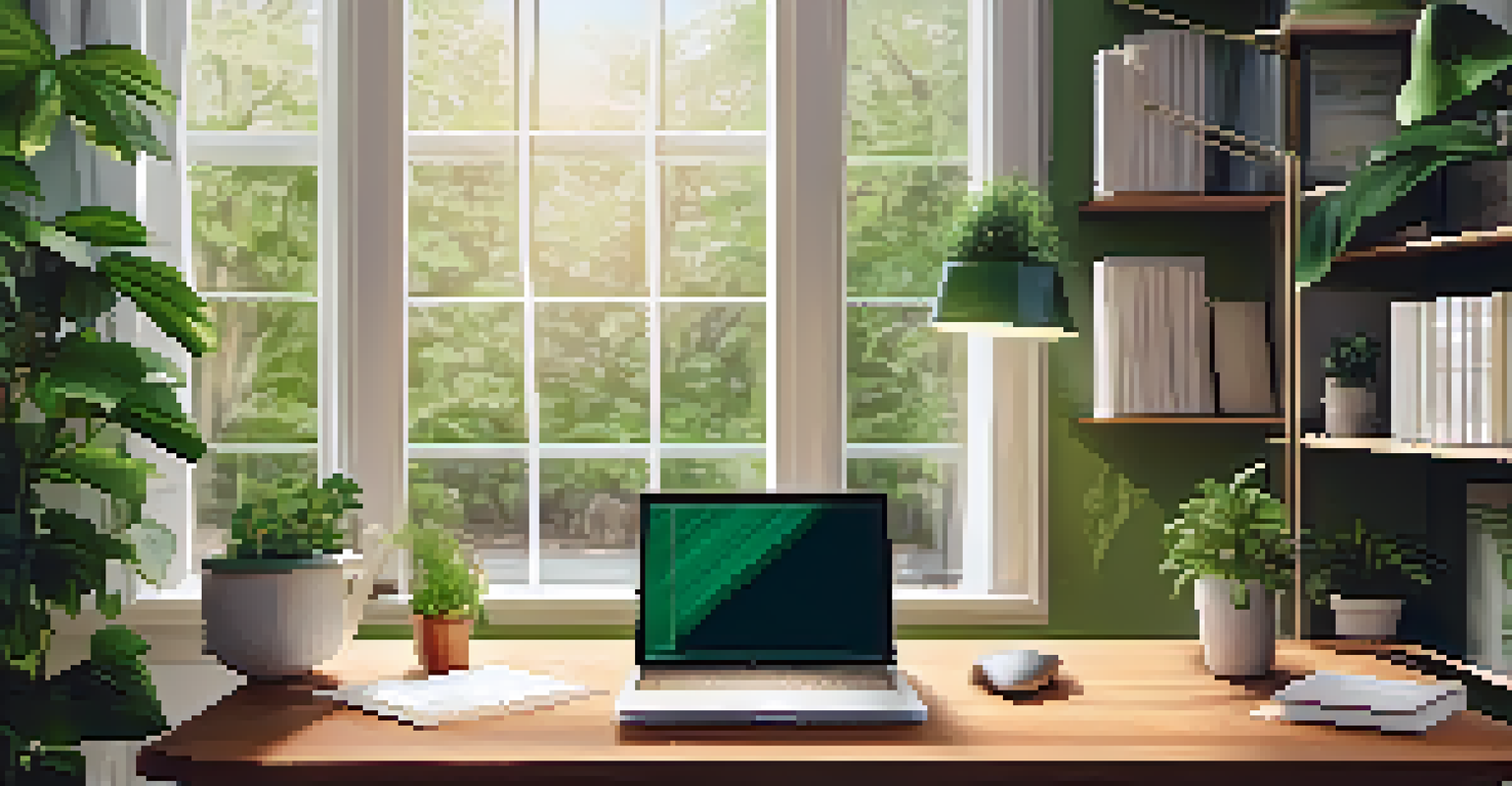 A cozy home office with a wooden desk, laptop, and plants, highlighting a warm and productive environment.
