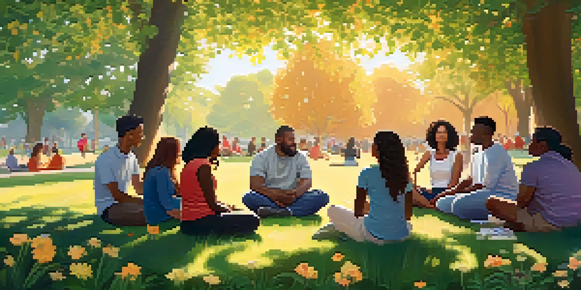 A diverse group of people in a park participating in a mental health support circle, with flowers and trees in the background.