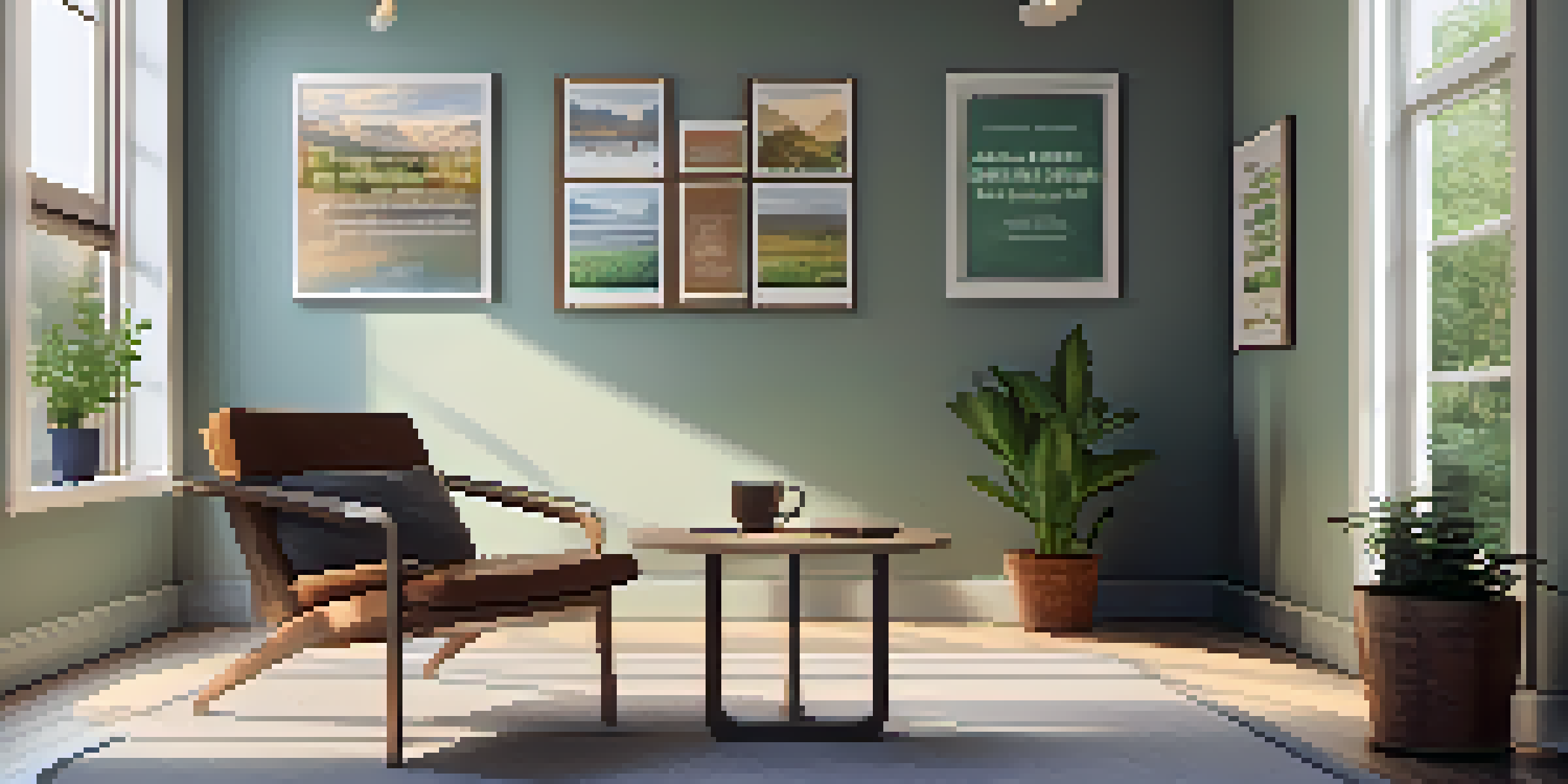 A cozy office corner with a comfortable chair, natural light, a cup of tea, and motivational posters about mental health.