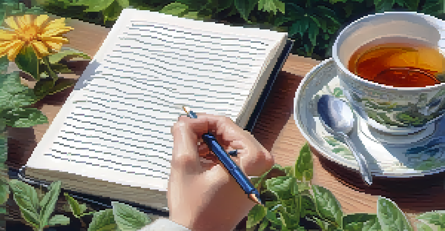 A hand writing in a journal with a cup of tea in the background.