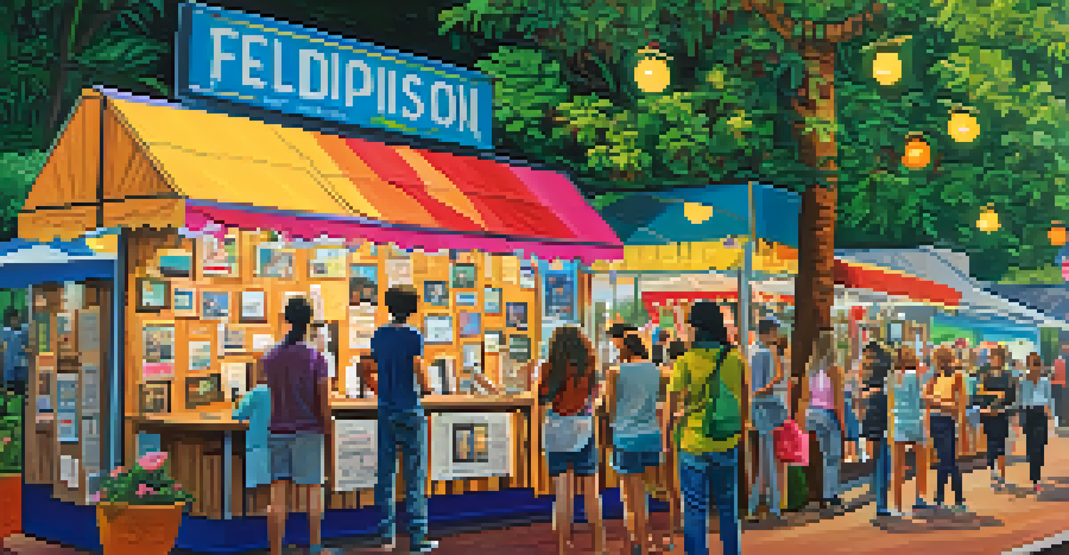 A festival booth decorated with addiction awareness posters, surrounded by people discussing and lush greenery.