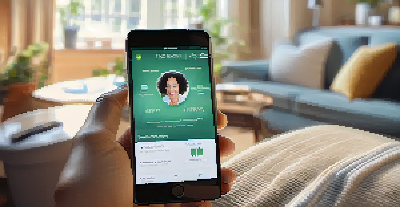 A smartphone screen showing a telehealth app for tracking mood and recovery progress, set against a cozy living room backdrop with soft lighting and a cup of tea on a coffee table.