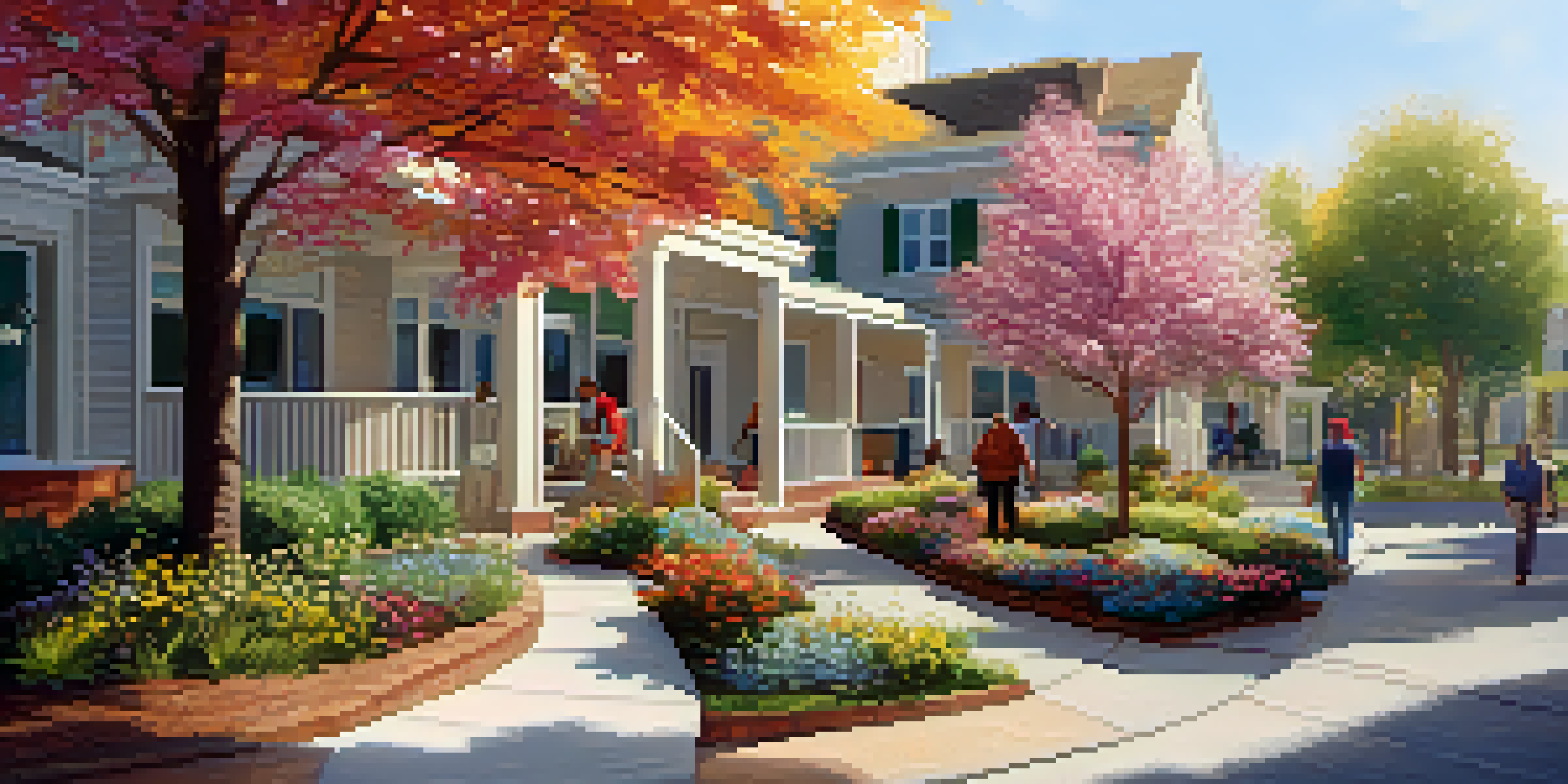 A welcoming transitional housing facility with residents participating in group activities outside, surrounded by flowers and trees under sunlight.