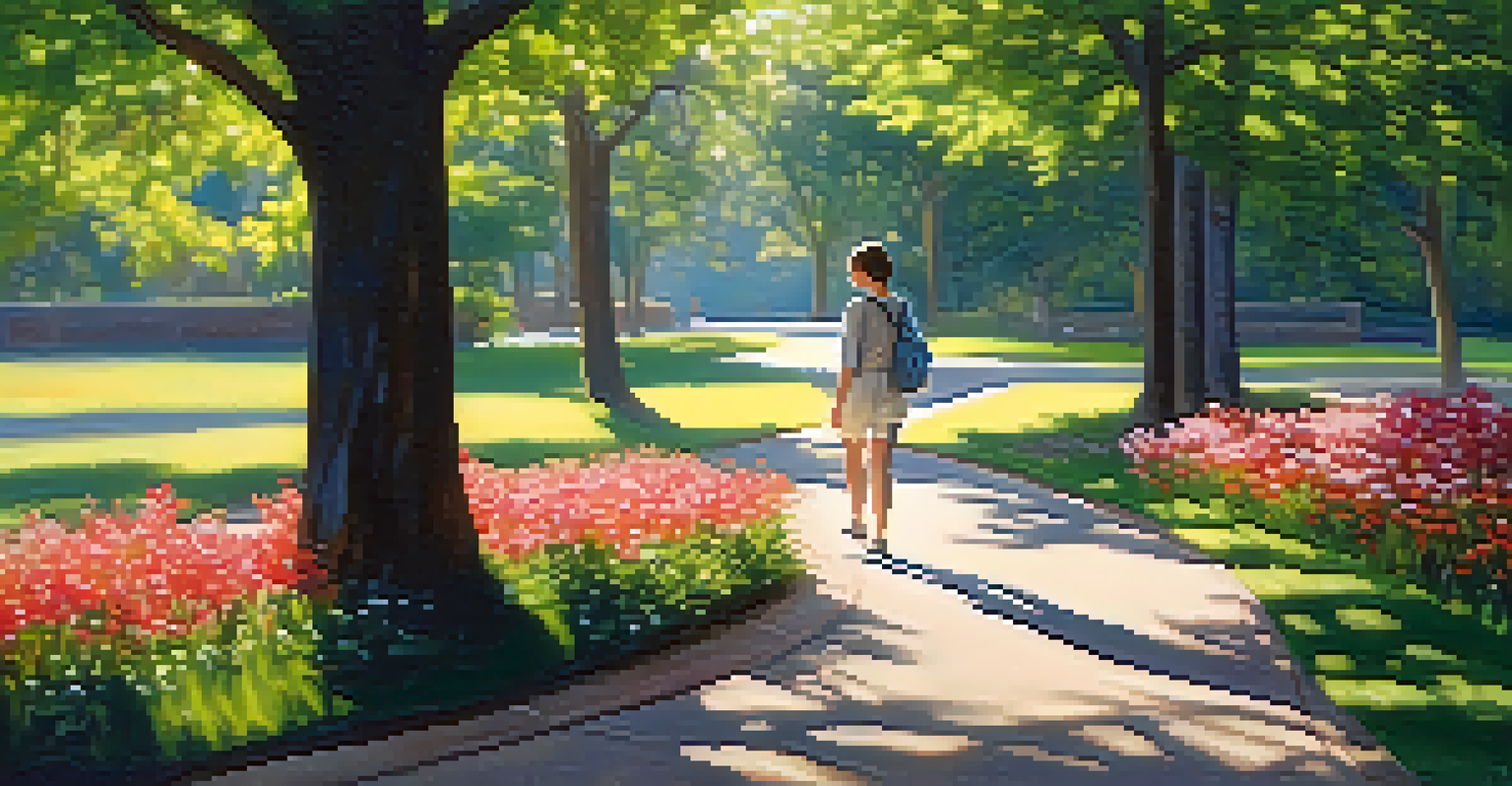 A person walking peacefully in a sunny park, surrounded by blooming flowers and greenery, symbolizing recovery.