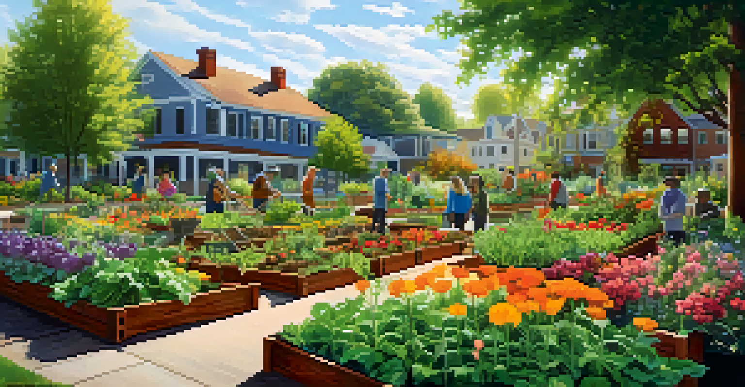 Residents of a transitional housing program working together in a colorful community garden under soft sunlight.