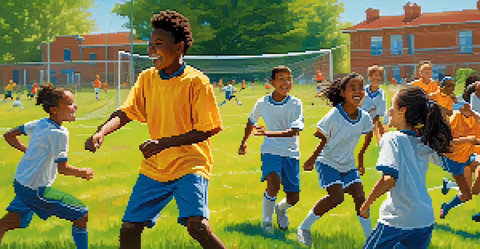 A diverse group of students playing soccer on a sunny day, showcasing teamwork and enjoyment in a vibrant outdoor setting.