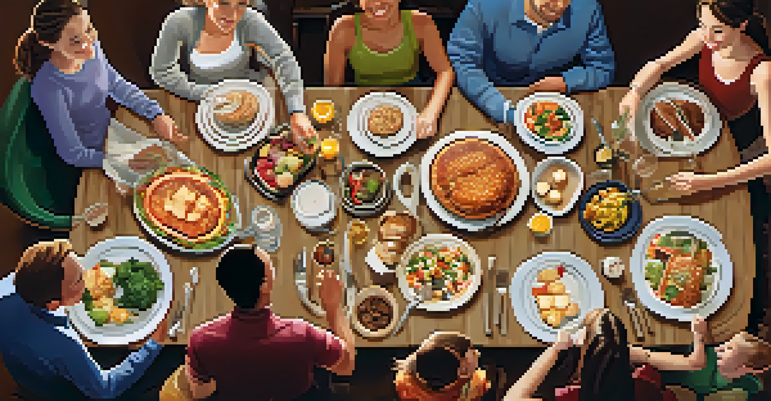 A diverse family gathered around a dinner table filled with delicious dishes, smiling and conversing in a warm atmosphere.