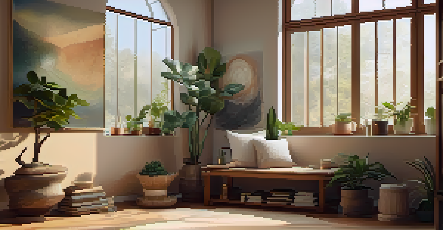 An indoor meditation space with natural light, plants, a cushion, candles, and calming artwork on the walls, creating a peaceful atmosphere.
