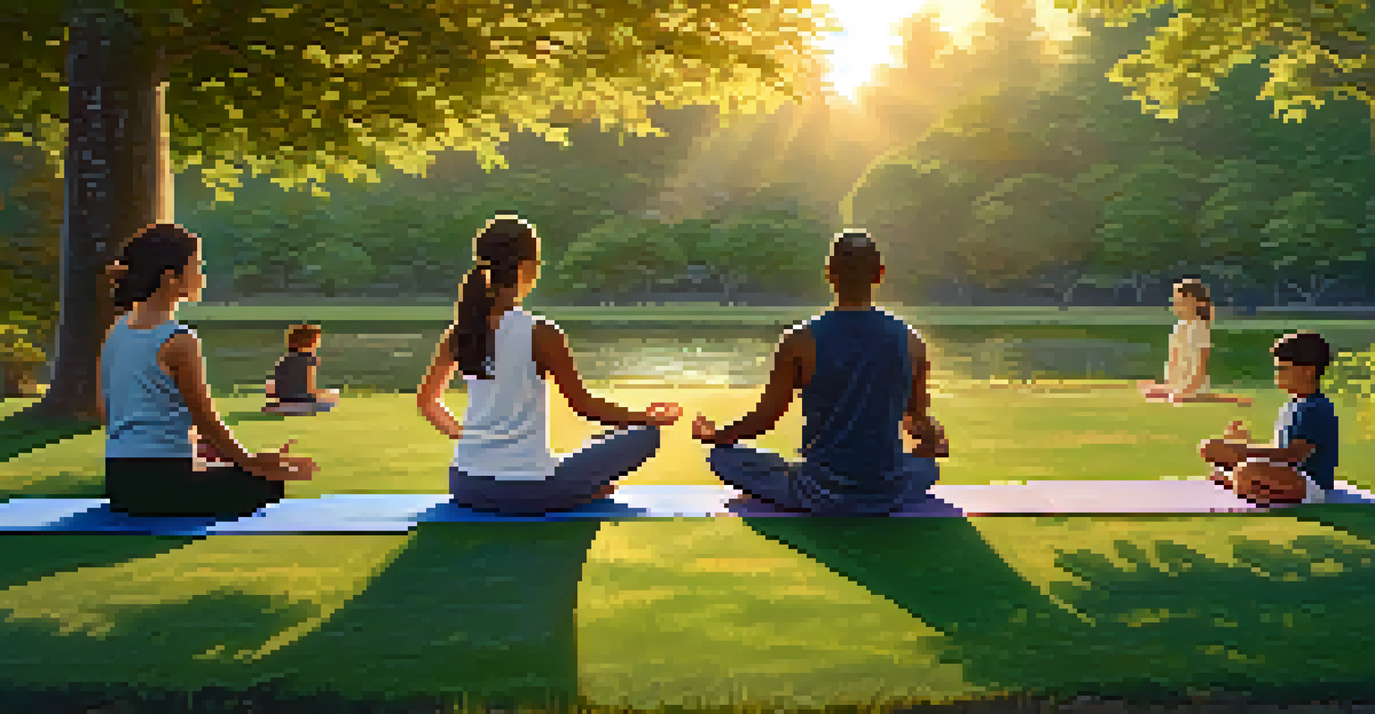 A family practicing mindfulness together on yoga mats in a peaceful park, surrounded by nature during sunset.