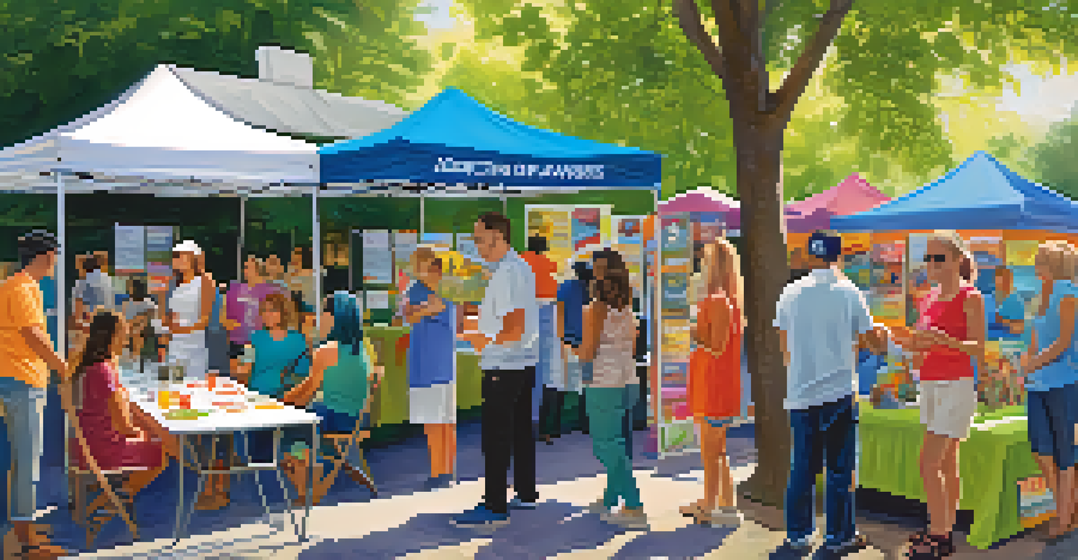 A vibrant outdoor community event focused on addiction awareness, featuring volunteers and attendees in conversation.
