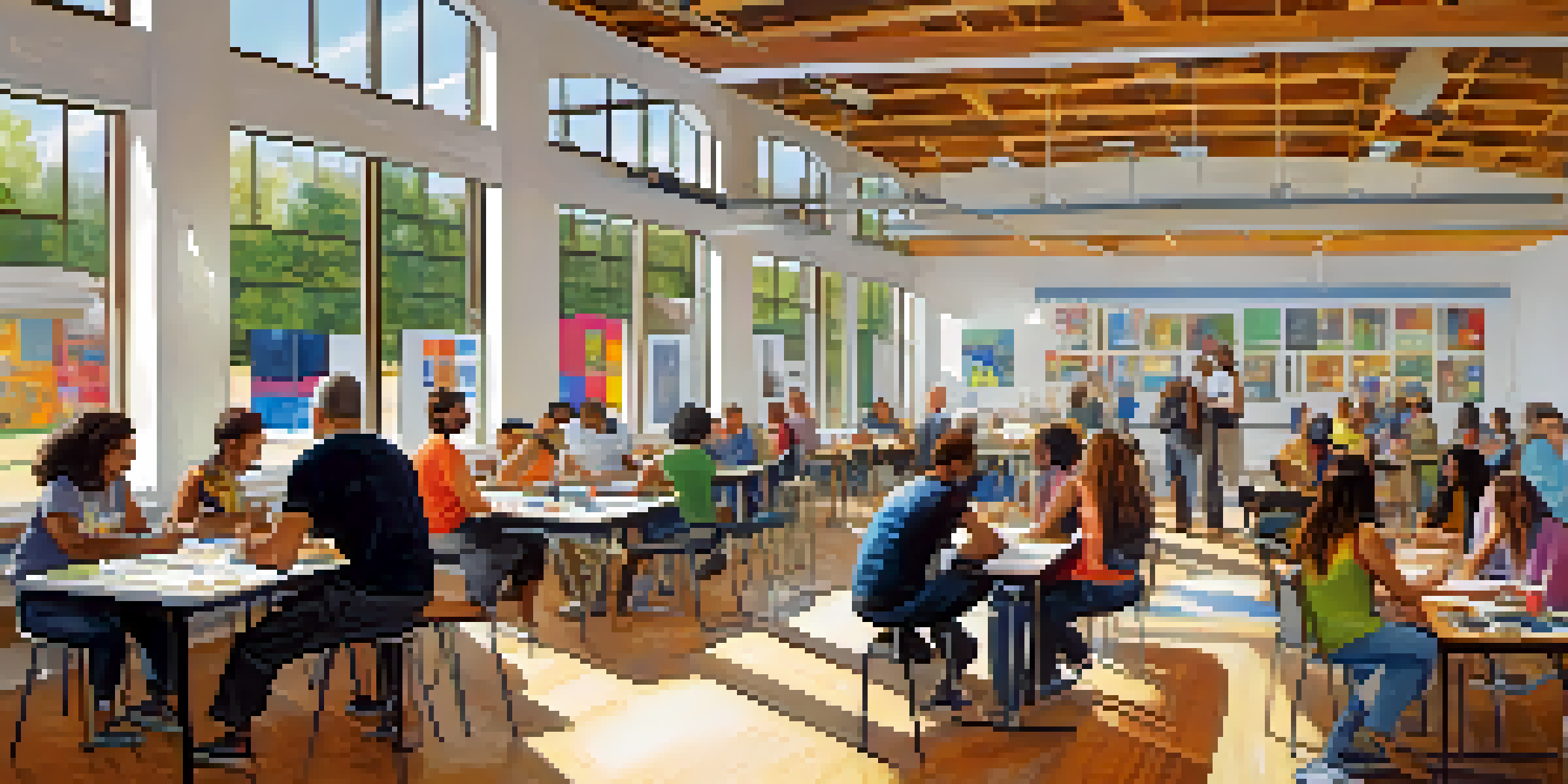 A vibrant community center with people engaged in workshops, discussing addiction recovery, surrounded by bright colors and natural light.