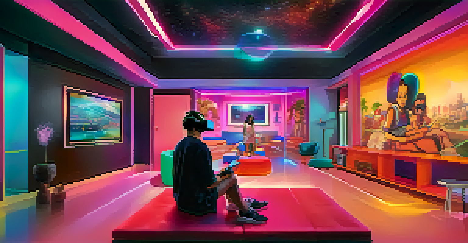 An individual wearing VR goggles in a therapy office, immersed in a virtual nightclub environment, practicing coping strategies.